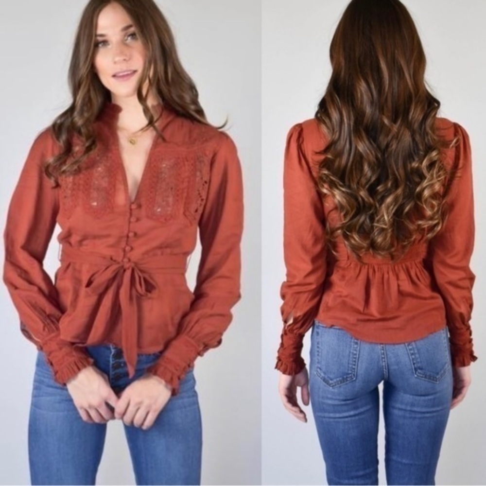 Free people Rust Button Down Sweet Memories Top Blouse  Sz Medium‎ - Picture 2 of 4